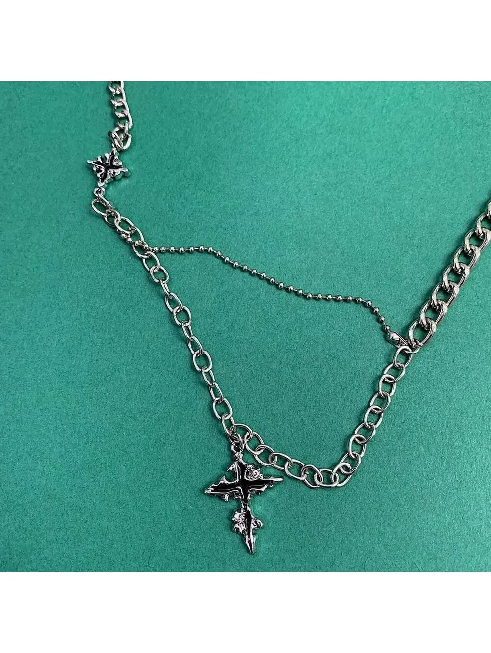 Cyber Y2k 2000s punk grunge crystal cross pendant necklace chain. 21.5 inches